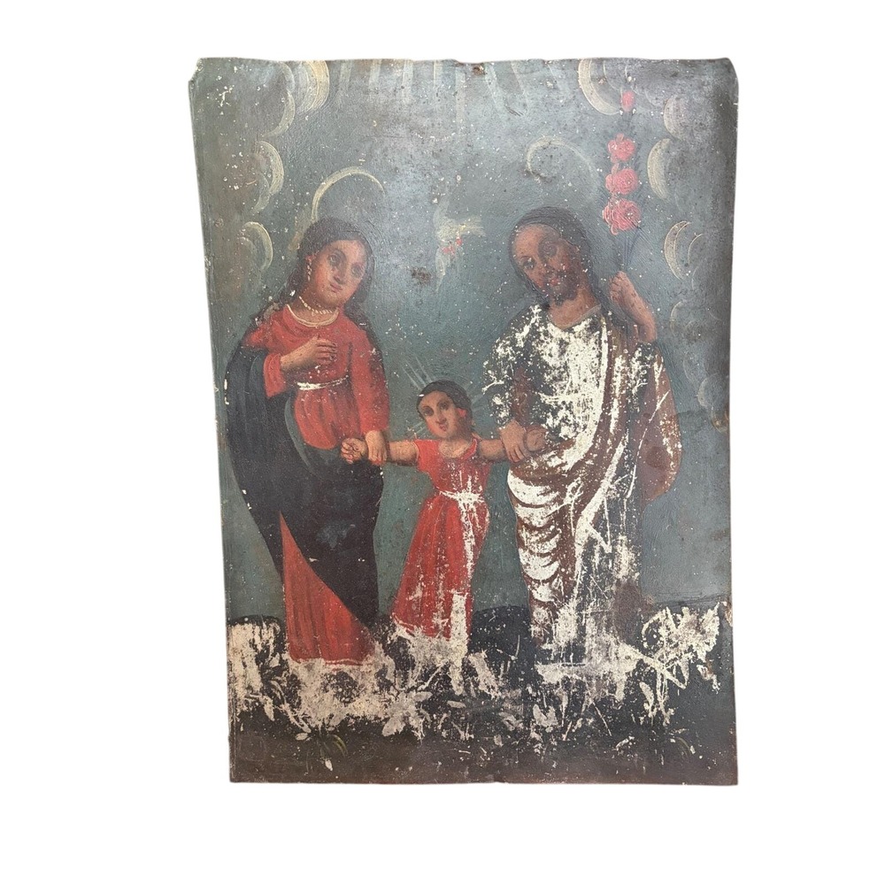 Antique Mexican Retablo Tin Painting Holy Family Religious Folk Art‎ Devotional